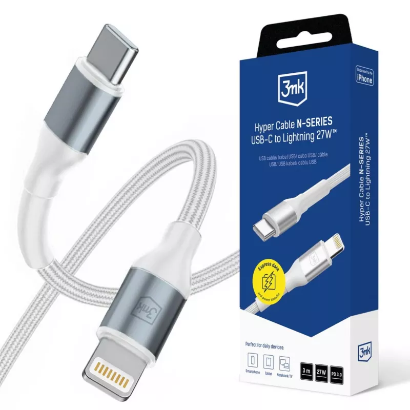 3mk Hyper Cable N-SERIES USB-C į Lightning 3m PD 3.0 9V/3A 27W baltas