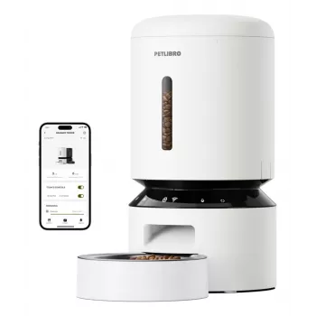 PETLIBRO Granary WiFi Feeder 5L baltas – automatinis gyvūnų ėdiklis su programėle, 10 šėrimų per dieną, balso įrašu ir nerūdijančio plieno dubeniu