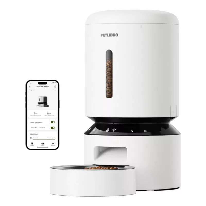 PETLIBRO Granary WiFi Feeder 5L baltas – automatinis gyvūnų ėdiklis su programėle, 10 šėrimų per dieną, balso įrašu ir nerūdijančio plieno dubeniu
