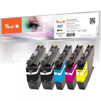 PEACH rašalo rinkinys PI500-430, suderinamas su Brother LC-421 (juoda, žydra, rausvai raudona, geltona) - 4 vnt.