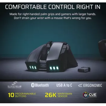 CORSAIR Ironclaw Wireless SE žaidimų pelė - 26 000 DPI, optinė, SLIPSTREAM Wireless, Bluetooth, USB, RGB, juoda