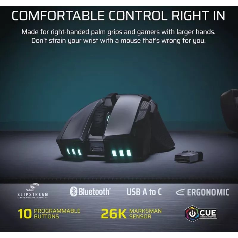 CORSAIR Ironclaw Wireless SE žaidimų pelė - 26 000 DPI, optinė, SLIPSTREAM Wireless, Bluetooth, USB, RGB, juoda