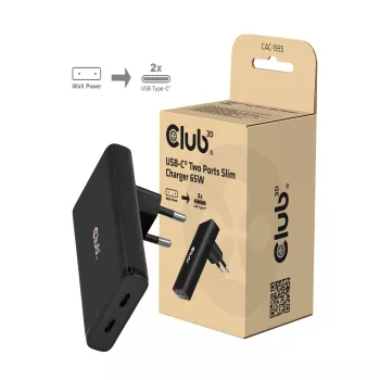 Club 3D CAC-1935 Slim 65W dvigubas USB-C GaN PD 3.1 PPS įkroviklis, juodas