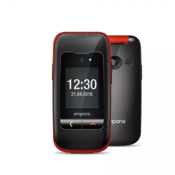 Emporia ONE V200i juoda/raudona (2025) – senjorams pritaikytas mobilusis telefonas su SOS mygtuku, įkrovimo stotele ir dideliais apšviestais klavišais