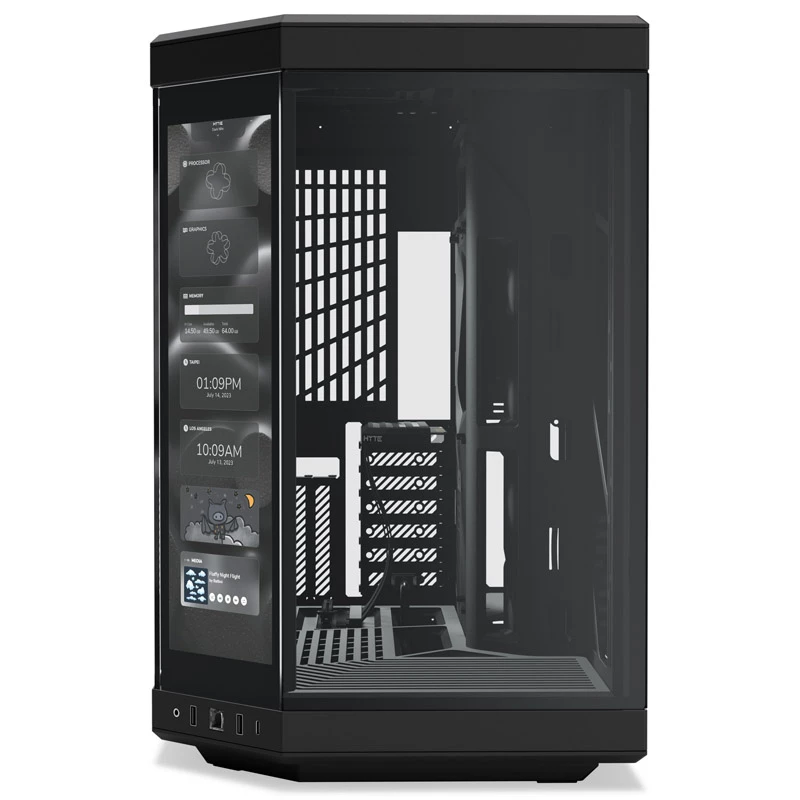 HYTE Y70 Touch Black vidutinio bokšto korpusas su panoraminiu grūdintu stiklu ir 14,1 colio liečiamuoju ekranu, ATX/E-ATX, vertikali GPU laikiklis