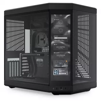 HYTE Y70 Touch Black vidutinio bokšto korpusas su panoraminiu grūdintu stiklu ir 14,1 colio liečiamuoju ekranu, ATX/E-ATX, vertikali GPU laikiklis