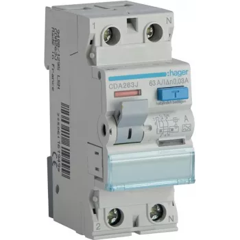 HAGER CDA263J liekamosios srovės grandinės pertraukiklis (RCCB) 1P+N 63A 30mA A tipo 6kA 230V 2 moduliai DIN bėgeliui