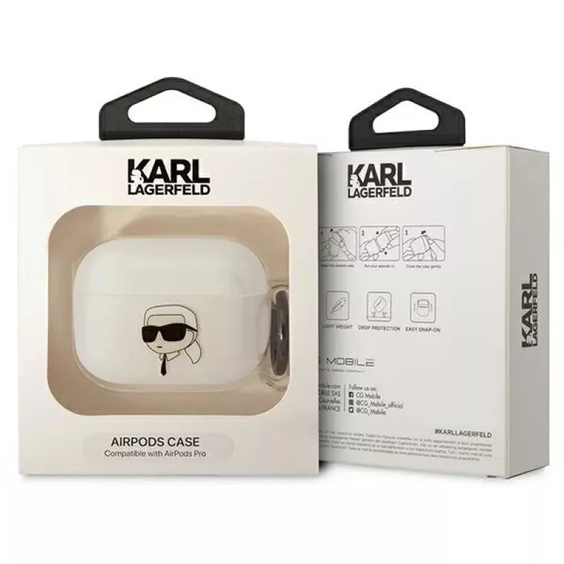 Karl Lagerfeld AirPods Pro dėklas permatomas su Karlo galvos siluetu