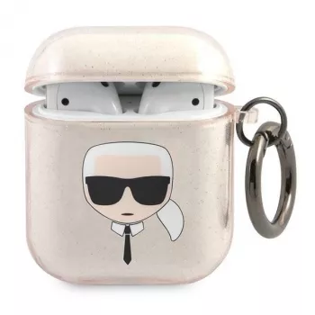 Karl Lagerfeld KLA2UKHGD AirPods 1/2 dėklas auksinis su blizgučiais Karl Head