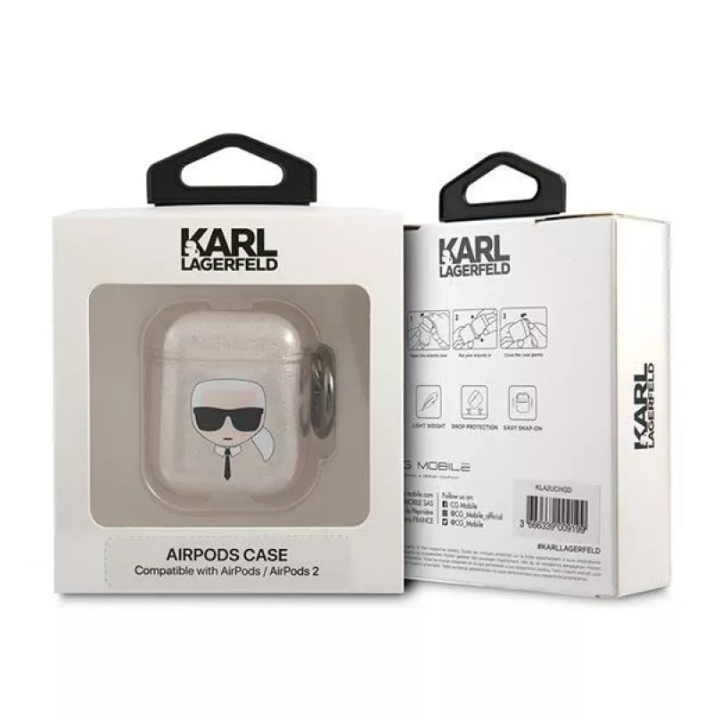 Karl Lagerfeld KLA2UKHGD AirPods 1/2 dėklas auksinis su blizgučiais Karl Head