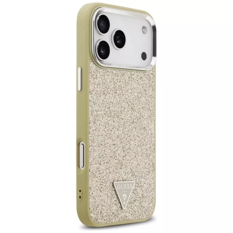 GUESS Glitter Triangle Logo MagSafe dėklas, skirtas iPhone 17 Pro Max - auksinis