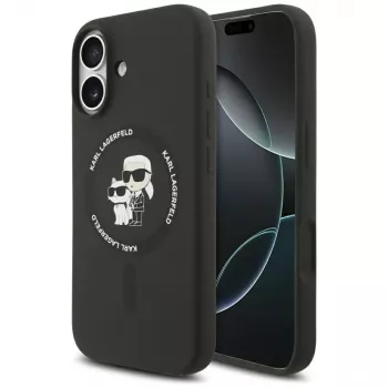 Karl Lagerfeld Silicone Karl & Choupette Ring MagSafe dėklas, skirtas iPhone 17 - juodos spalvos