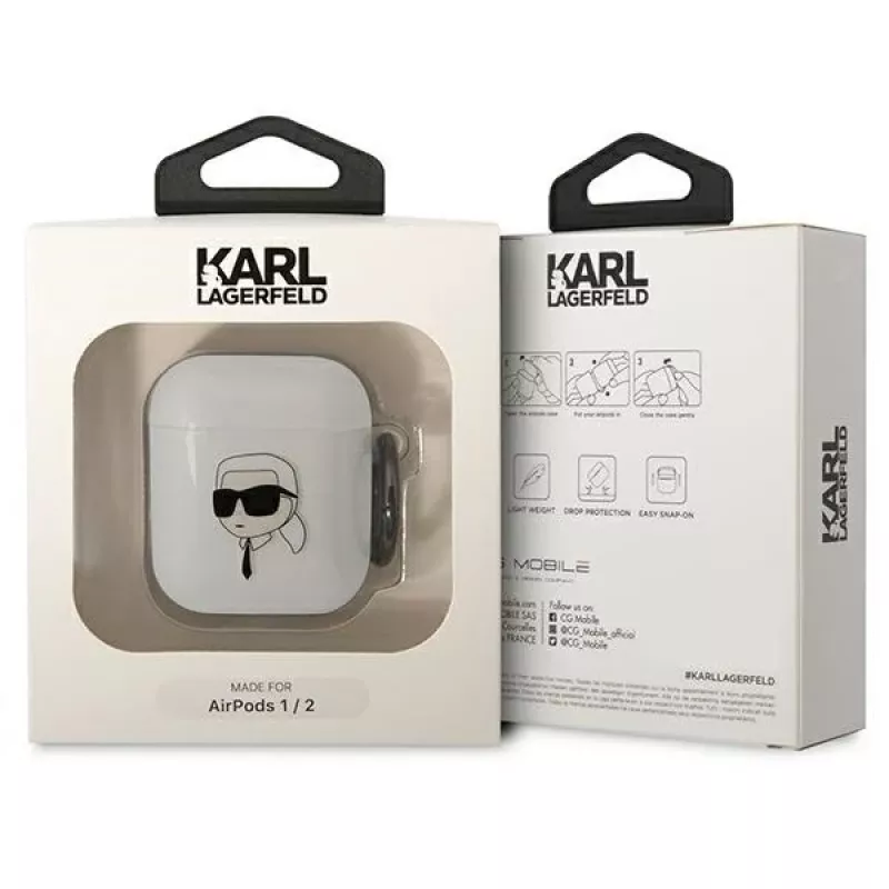 Karl Lagerfeld KLA2HNIKTCT permatomas AirPods 1/2 dėklas su Karl's Head dizainu