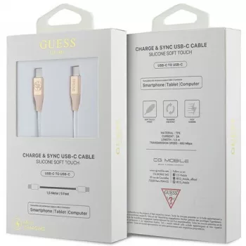 GUESS GUCCLALRGDD USB-C į USB-C laidas 1,5 m, greitas įkrovimas, šviesiai auksinis su reljefiniu logotipu