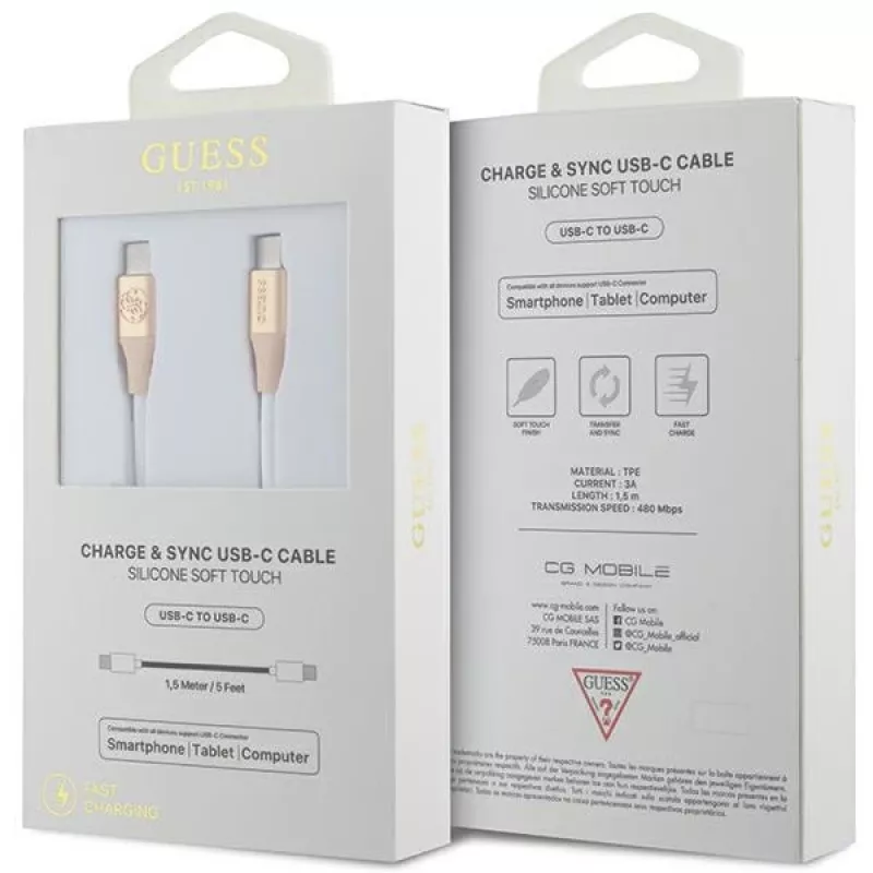 GUESS GUCCLALRGDD USB-C į USB-C laidas 1,5 m, greitas įkrovimas, šviesiai auksinis su reljefiniu logotipu