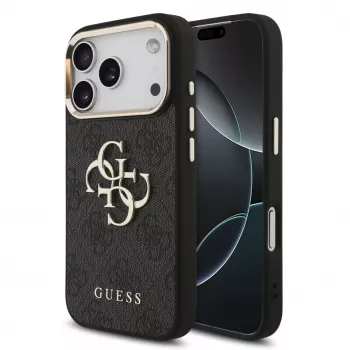 GUESS 4G Big Logo Classic kietas dėklas, skirtas iPhone 17 Pro / 18 Pro – juodas ir auksinis