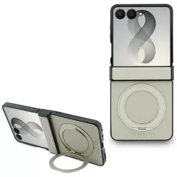 Guess Magnetic Ring Stand Grained Classic Logo MagSafe dėklas, skirtas Samsung Galaxy Z Flip 8, smėlio spalvos