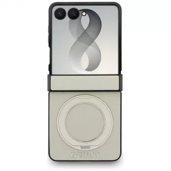 Guess Magnetic Ring Stand Grained Classic Logo MagSafe dėklas, skirtas Samsung Galaxy Z Flip 8, smėlio spalvos