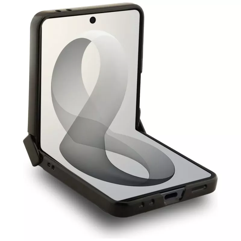 Guess Magnetic Ring Stand Grained Classic Logo MagSafe dėklas, skirtas Samsung Galaxy Z Flip 8, smėlio spalvos