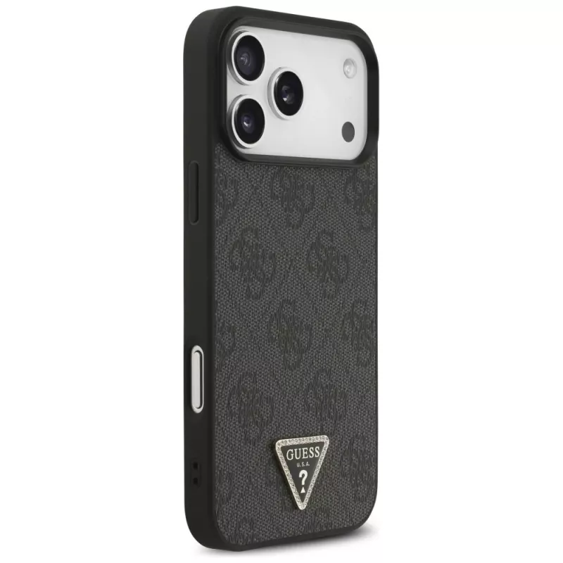 GUESS Leather 4G Triangle Strass MagSafe dėklas, skirtas iPhone 18 Pro Max / 17 Pro Max - juodas
