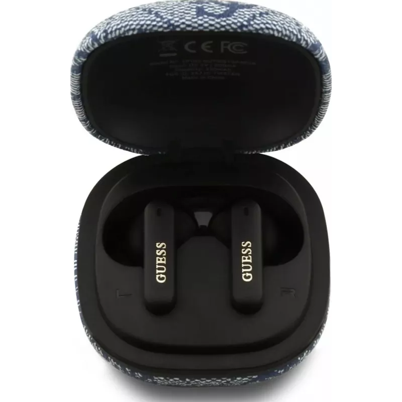 GUESS 4G Classic Metal Logo True Wireless Bluetooth ausinės su ENC ir įkrovimo dėklu, mėlynos