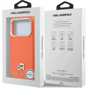 Karl Lagerfeld Karl & Choupette Head Pins Saffiano MagSafe dėklas, skirtas iPhone 17 Pro Max – oranžinis