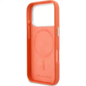 Karl Lagerfeld Karl & Choupette Head Pins Saffiano MagSafe dėklas, skirtas iPhone 17 Pro Max – oranžinis