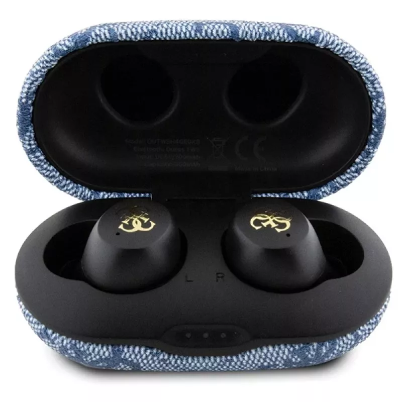 GUESS GUTWSP4EGB tikrai belaidės Bluetooth ausinės su įkrovimo doku, ENC, mėlynos metalinės spalvos