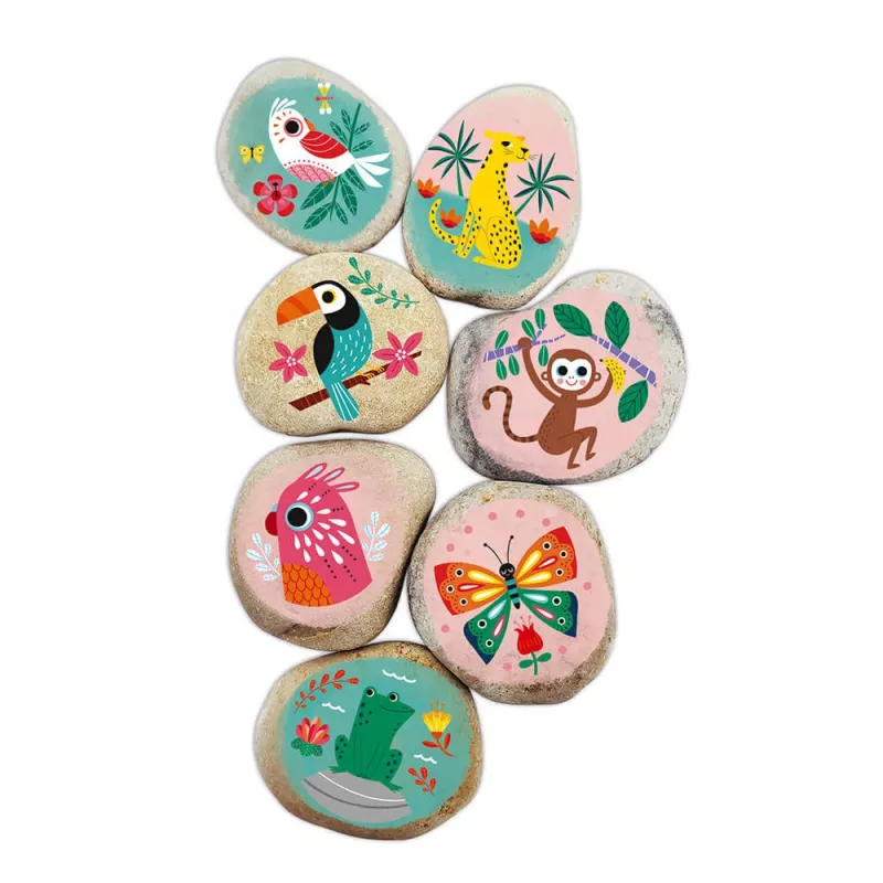 Janod Stone Painting kūrybinis rinkinys – 6 natūralūs akmenys, 6 akriliniai dažai, 2 teptukai, blizgučiai, akutės, lipdukai – nuo 6 metų