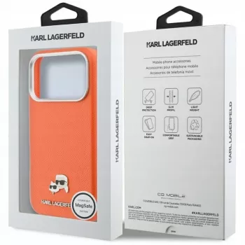 Karl Lagerfeld Karl & Choupette Head Pins Saffiano dėklas su MagSafe, skirtas iPhone 17 Pro - oranžinis
