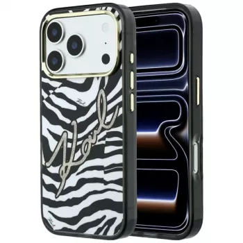 Karl Lagerfeld IML Signature Zebra Glitter MagSafe dėklas, skirtas iPhone 18 Pro Max / 17 Pro Max – auksinis