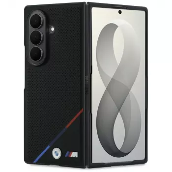 BMW M odinė perforuota trijų spalvų juostos ir metalinių logotipų MagSafe dėklas, skirtas Samsung Galaxy Z Fold8 Ultra – juoda