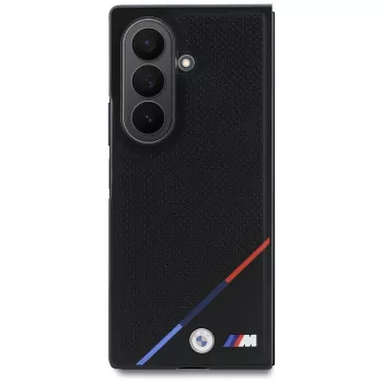 BMW M odinė perforuota trijų spalvų juostos ir metalinių logotipų MagSafe dėklas, skirtas Samsung Galaxy Z Fold8 Ultra – juoda