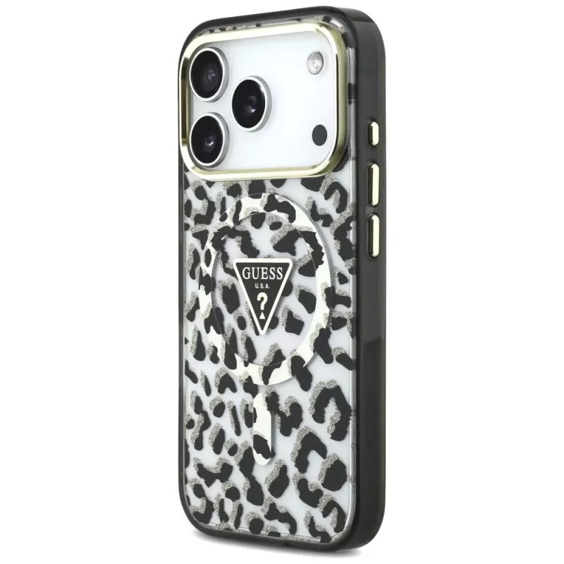 GUESS IML Leopard Glitter Triangle Logo MagSafe dėklas, skirtas iPhone 18 Pro / 17 Pro - juodas
