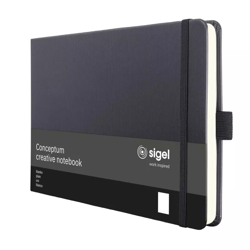 SIGEL Conceptum CO201 A5 užrašų knyga, tušti lapai, juoda dirbtinė oda, 66 lapai, siūtas įrišimas su elastine užtrauktuku