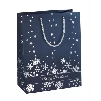 SIGEL GT110 Silver Snowflakes Dovanų maišelių rinkinys, 3 vnt., dengtas popierius, baltos tekstilės virvelės rankenos, metalinis blizgesys, Kalėdoms ir žiemos šventėms, 230 x 180 x 100 mm