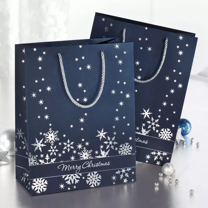 SIGEL GT110 Silver Snowflakes Dovanų maišelių rinkinys, 3 vnt., dengtas popierius, baltos tekstilės virvelės rankenos, metalinis blizgesys, Kalėdoms ir žiemos šventėms, 230 x 180 x 100 mm