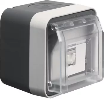 Hager WNC226 paviršinio montavimo ekranuotas Cat.6 RJ45 duomenų lizdas, 8 kontaktų, IP55, pilkas, 1 prievadas