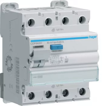 Hager CDF663D liekamosios srovės automatas, 4 polių, 63 A, 30 mA, F tipo, 10 kA
