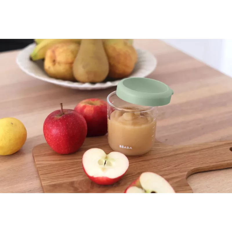 BEABA stiklinis indelis kudikiu maistui su hermetisku dangteliu 250 ml, salaviju zalia