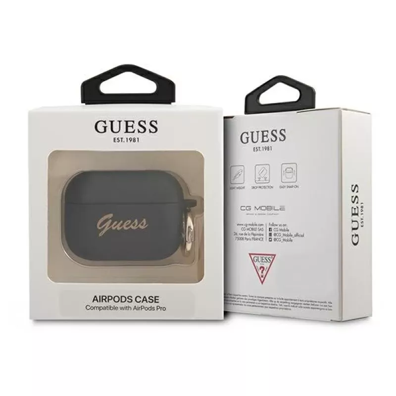 GUESS GUAPSSSK AirPods Pro dėklas juodos spalvos silikoninis Vintage Script