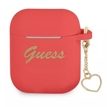 GUESS GUA2LSCHSR AirPods 1/2 dangtelis raudonas silikoninis su širdelės pakabuku, Charm Heart kolekcija
