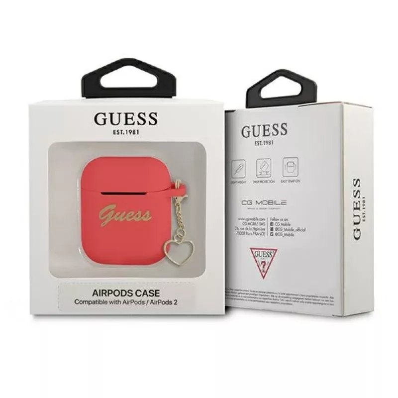 GUESS GUA2LSCHSR AirPods 1/2 dangtelis raudonas silikoninis su širdelės pakabuku, Charm Heart kolekcija
