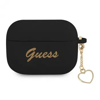 GUESS GUAPLSCHSK AirPods Pro dėklas juodas silikoninis su širdelės pakabuku, Charm Heart kolekcija