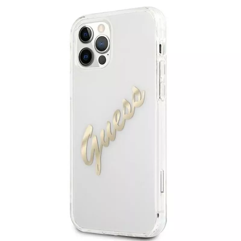 GUESS Vintage Script Gold kietas dėklas, skirtas Apple iPhone 12 Pro Max - permatomas