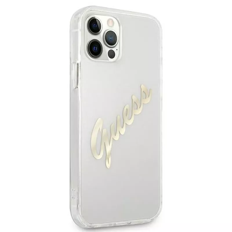 GUESS Vintage Script Gold kietas dėklas, skirtas Apple iPhone 12 Pro Max - permatomas