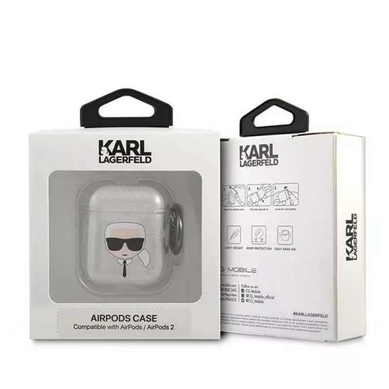 Karl Lagerfeld KLA2UKHGS AirPods 1/2 dėklas sidabrinis su blizgučiais, Karl's Head