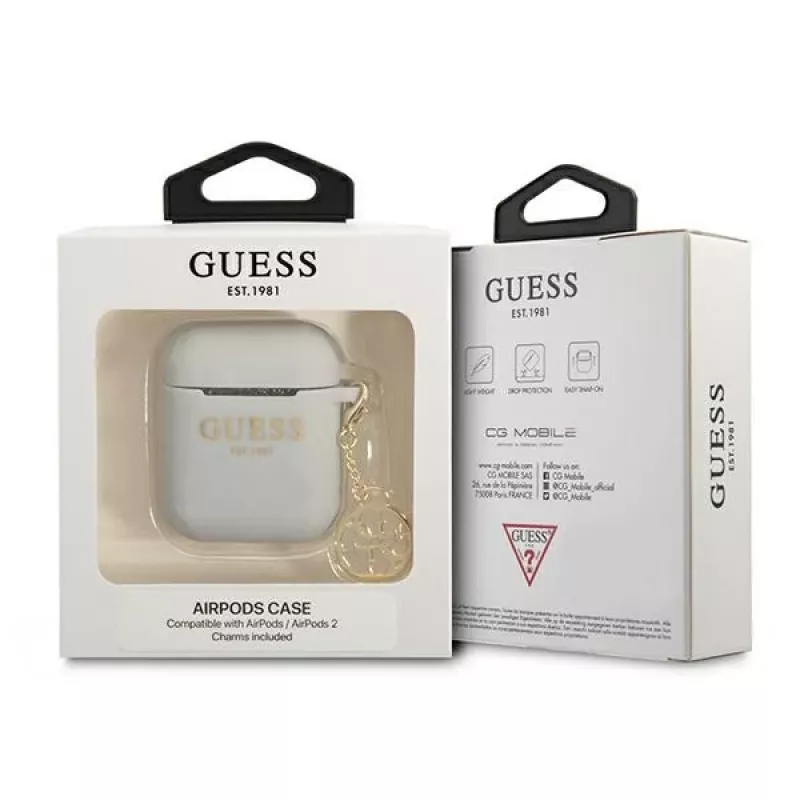Guess GUA2LSC4EG AirPods 1/2 dėklas pilkas silikoninis su pakabuku 4G kolekcija