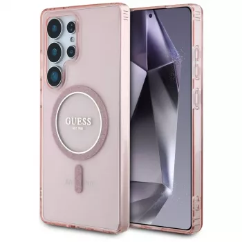 GUESS Glitter Circle Classic Logo apsauginis dėklas su MagSafe, skirtas Samsung Galaxy S25 Ultra - rožinis