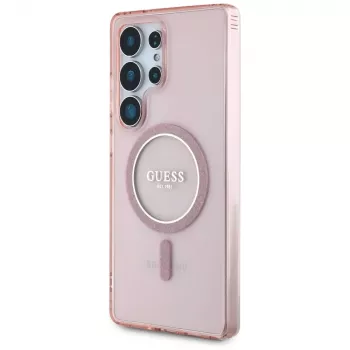 GUESS Glitter Circle Classic Logo apsauginis dėklas su MagSafe, skirtas Samsung Galaxy S25 Ultra - rožinis